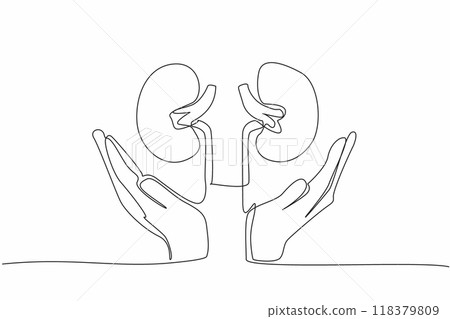 Single continuous line drawing kidneys supported by both hands. Lack of concern increases risk of excess disease. Pay attention to the kidneys. World Kidney Day. One line design vector illustration Single continuous line drawing kidneys supported by both hands. Lack of concern increases risk of excess disease. Pay attention to the kidneys. World Kidney Day. One line design vector illustration 118379809
