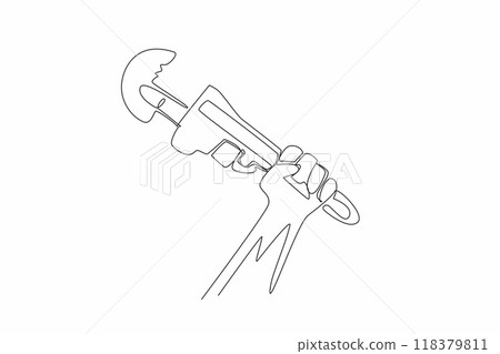 Continuous one line drawing hand holding the wrench upwards. The spirit of making a new water pipe. Preventing leaks. Plumber logo. World Plumbing Day. Single line draw design vector illustration Continuous one line drawing hand holding the wrench upwards. The spirit of making a new water pipe. Preventing leaks. Plumber logo. World Plumbing Day. Single line draw design vector illustration 118379811