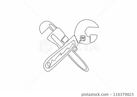 Single one line drawing two types of wrenches crossed. Plumbing services. Trust the repairs to the experts. Logo. Sign. Symbol. Plumber. World Plumbing Day. Continuous line design graphic illustration Single one line drawing two types of wrenches crossed. Plumbing services. Trust the repairs to the experts. Logo. Sign. Symbol. Plumber. World Plumbing Day. Continuous line design graphic illustration 118379823