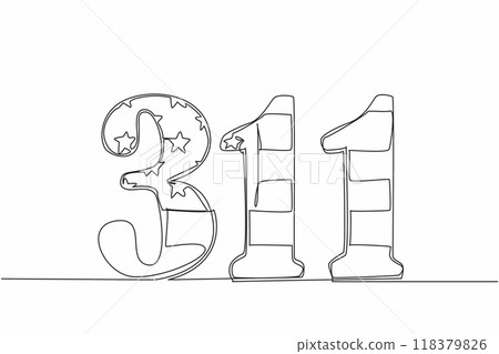 Single continuous line drawing number 311 with american flag. Allows local citizens to get the assistance they need. Get the resources and information. 311 Day. One line design vector illustration Single continuous line drawing number 311 with american flag. Allows local citizens to get the assistance they need. Get the resources and information. 311 Day. One line design vector illustration 118379826