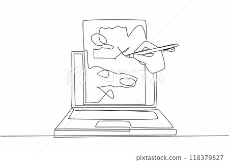 Single continuous line drawing hand is making corrections to the writing on the paper attached to the laptop screen. Provide education. National Proofreading Day. One line design vector illustration Single continuous line drawing hand is making corrections to the writing on the paper attached to the laptop screen. Provide education. National Proofreading Day. One line design vector illustration 118379827
