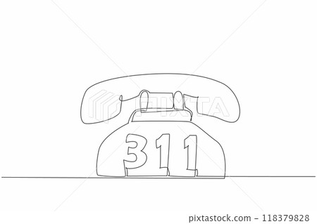 Single continuous line drawing retro telephone with the number 311 in the middle. A non-emergency helpline in various places throughout North America. 311 Day. One line design vector illustration Single continuous line drawing retro telephone with the number 311 in the middle. A non-emergency helpline in various places throughout North America. 311 Day. One line design vector illustration 118379828