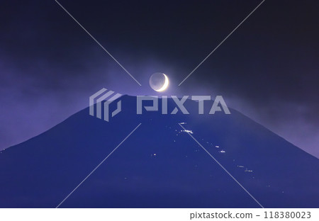 Crescent moon setting over Mt. Fuji from the shores of Lake Yamanaka 118380023
