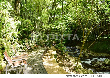 湯河原町萬葉公園湯河原宗湯河道路、露台座位和新鮮綠化 118380108