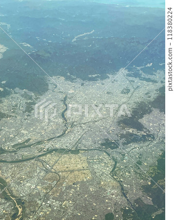 View of Kyoto city from inside the plane 118380224