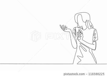 Single continuous line drawing woman sprays perfume bottle on other hand. Finding the right fragrance for the personality. Eau de perfume. National Fragrance Day. One line design vector illustration 118380225