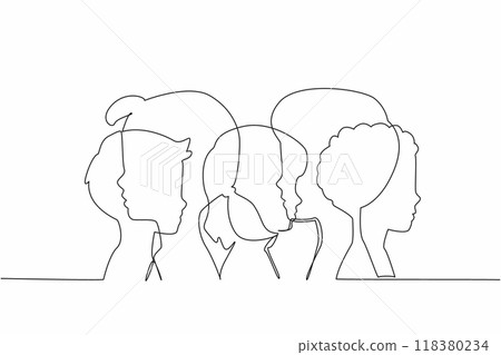 Single continuous line drawing silhouettes of children's heads overlapping each other. Awareness of down syndrome. Having equal rights. World Down Syndrome Day. One line design vector illustration 118380234