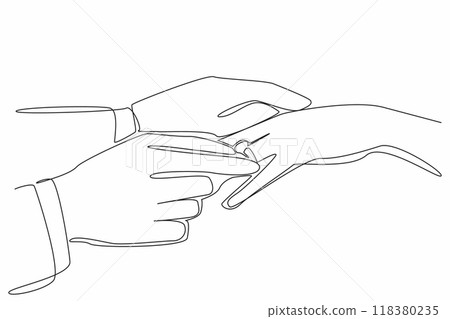 Single one line drawing a man is putting a ring on his partner's ring finger. Happy day. Proposing to the beloved woman. Engaged. National Proposal Day. Continuous line design graphic illustration 118380235