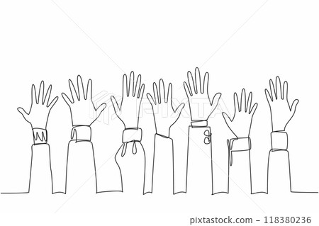 Single one line drawing seven colorful hands raise. Activists on move. United against racism. International Day for Elimination of Racial Discrimination. Continuous line design graphic illustration 118380236