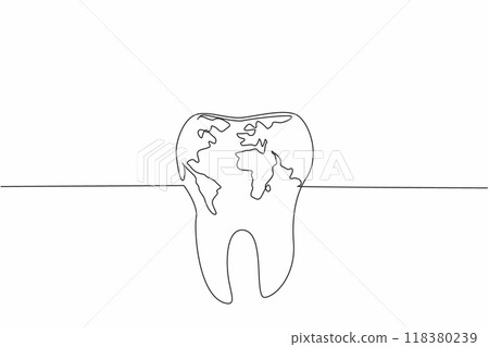 Single continuous line drawing world map located in middle of the teeth. Increase awareness of oral and dental health. For a charming smile. World Oral Health Day. One line design vector illustration 118380239