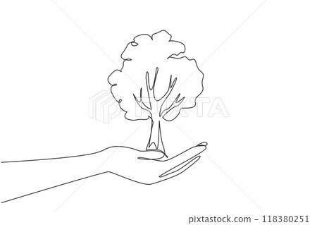 Single one line drawing open palm with big tree on top. There is no time to destroy forest. One big tree has many benefits. International Day of Forests. Continuous line design graphic illustration 118380251