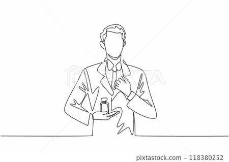 Single continuous line drawing man in suit puts perfume on palm of hand. A very elegant blend of masculine and sporty scents. Make calm. National Fragrance Day. One line design vector illustration 118380252