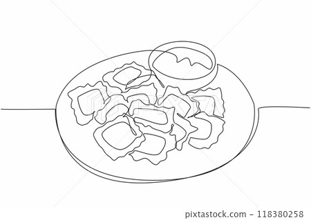Continuous one line drawing ravioli served on a round plate. Delicious snacks to spend time on the weekend. Tomato sauce adds flavor. National Ravioli Day. Single line draw design vector illustration 118380258