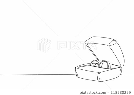 Continuous one line drawing open ring box containing two rings. Final preparation before the wedding party. A pair of diamond rings. National Proposal Day. Single line draw design vector illustration Continuous one line drawing open ring box containing two rings. Final preparation before the wedding party. A pair of diamond rings. National Proposal Day. Single line draw design vector illustration 118380259