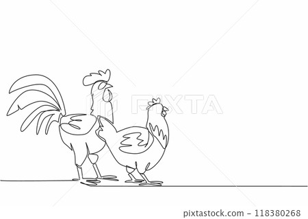 Single one line drawing rooster and hen standing in a row. Freedom on farm. Not always in cage. Happy chickens produce superior seeds. National Poultry Day. Continuous line design graphic illustration 118380268