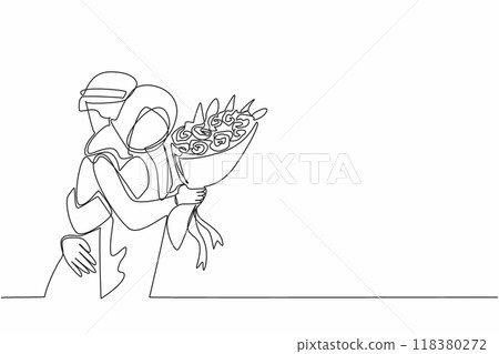 Continuous one line drawing Arabian man hugging Arabian woman while woman holding bouquet of flowers. Proposing to beloved. Happy. National Proposal Day. Single line draw design vector illustration 118380272