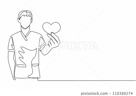 Continuous one line drawing male nurse holding small heart shaped pillow. Provide even the smallest care. Community service. Nursing. Certified Nurses Day. Single line draw design vector illustration Continuous one line drawing male nurse holding small heart shaped pillow. Provide even the smallest care. Community service. Nursing. Certified Nurses Day. Single line draw design vector illustration 118380274