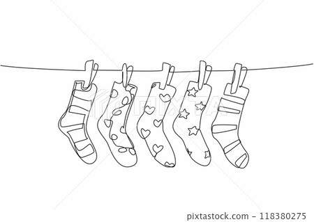 Continuous one line drawing five colorful socks with various motifs. Socks to raise awareness. The chromosome shape is like a sock. World Down Syndrome Day. Single line draw design vector illustration Continuous one line drawing five colorful socks with various motifs. Socks to raise awareness. The chromosome shape is like a sock. World Down Syndrome Day. Single line draw design vector illustration 118380275
