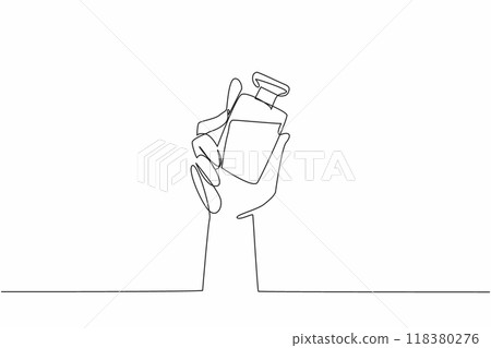 Single continuous line drawing hand hold perfume bottle. Shake gently before spraying and ready to use. Jasmine scent. Masculine fragrance. National Fragrance Day. One line design vector illustration Single continuous line drawing hand hold perfume bottle. Shake gently before spraying and ready to use. Jasmine scent. Masculine fragrance. National Fragrance Day. One line design vector illustration 118380276