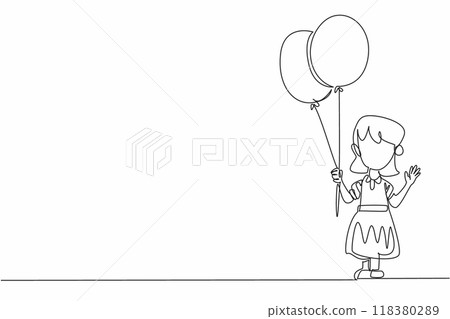 Continuous one line drawing girl holding yellow and blue balloons with one hand. Gesture. Symbol of caring for others. Disorder. World Down Syndrome Day Single line draw design vector illustration Continuous one line drawing girl holding yellow and blue balloons with one hand. Gesture. Symbol of caring for others. Disorder. World Down Syndrome Day Single line draw design vector illustration 118380289