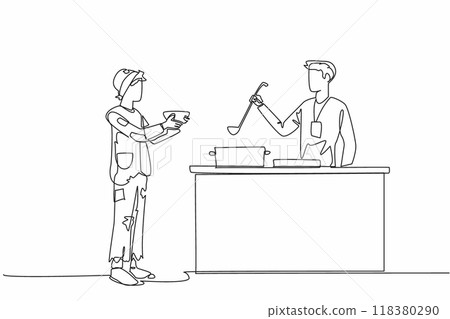 Continuous one line drawing a man gives food to an old grandfather. Inappropriate clothing. Doing social work. Lightening the burden. World Social Work Day. Single line draw design vector illustration 118380290