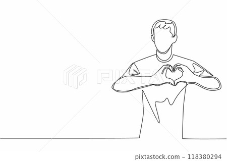 Single continuous line drawing male nurse forms a heart gesture with his hands in front of his chest. Pride in serving the community. Love. Certified Nurses Day. One line design vector illustration Single continuous line drawing male nurse forms a heart gesture with his hands in front of his chest. Pride in serving the community. Love. Certified Nurses Day. One line design vector illustration 118380294