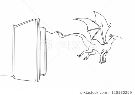 Single continuous line drawing the book opens and a flying dragon comes out. Fairy tales. Fiction and fantasy stories. Bedtime companions. World Storytelling Day. One line design vector illustration 118380299