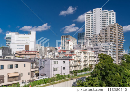 "Tokyo" Futako Tamagawa cityscape, residential area and riverbed 118380340