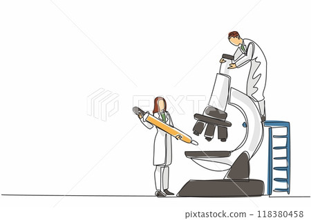 Continuous one line drawing male scientist checks fluid poured by female scientist on big microscope. Studying spread of viruses. Celebrate Scientists Day. Single line draw design vector illustration 118380458