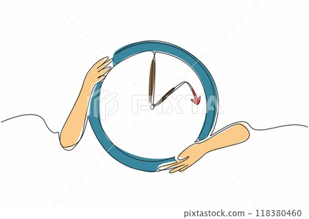 Single continuous line drawing hand holding wall clock. The wall clock shows 2 o'clock. Concept time change for winter time or standard time. Daylight Saving Time. One line design vector illustration Single continuous line drawing hand holding wall clock. The wall clock shows 2 o'clock. Concept time change for winter time or standard time. Daylight Saving Time. One line design vector illustration 118380460