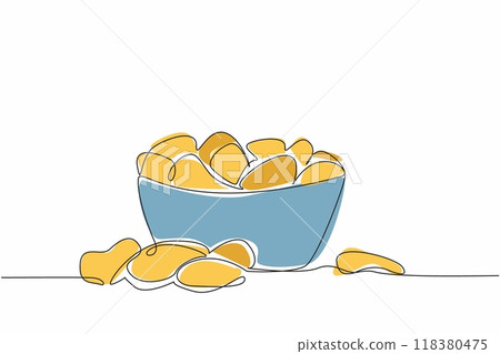 Single continuous line drawing the crispy, tasty and delicious potato chips snack in a glass bowl. A dishes for the eyes. Delectation. National Potato Chip Day. One line design vector illustration 118380475