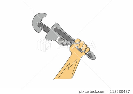 Continuous one line drawing hand holding the wrench upwards. The spirit of making a new water pipe. Preventing leaks. Plumber logo. World Plumbing Day. Single line draw design vector illustration 118380487