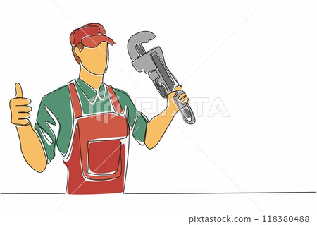 Single continuous line drawing plumber holding big wrench with thumbs up gesture. Approval to build new water pipeline. To be more efficient. World Plumbing Day. One line design vector illustration 118380488
