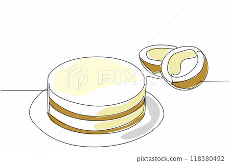 Single one line drawing coconut torte on a round plate. The old coconut is split. Delicious cake with coconut cream. Sweet. National Coconut Torte Day. Continuous line design graphic illustration 118380492