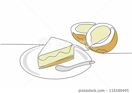 Continuous one line drawing slice coconut torte on a small plate with cake spoon. Delicious cake. Enjoyed with coconut fruit. National Coconut Torte Day. Single line draw design vector illustration 118380495