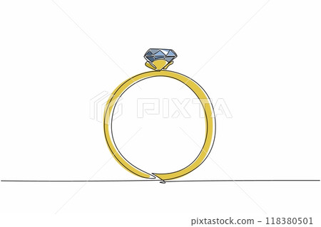 Single continuous line drawing the luxury diamond ring. Proposing to a sweetheart. Gift for beloved wife. Gemstone shiny. Present. Prize. Sheen. National Jewel Day. One line design vector illustration Single continuous line drawing the luxury diamond ring. Proposing to a sweetheart. Gift for beloved wife. Gemstone shiny. Present. Prize. Sheen. National Jewel Day. One line design vector illustration 118380501