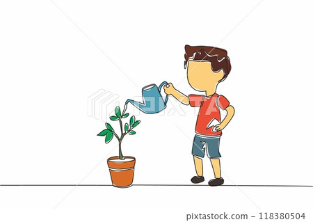 Single continuous line drawing a little boy watering pot of flowering plants. Teaching from an early age. Concern for the environment. National Plant a Flower Day. One line design vector illustration Single continuous line drawing a little boy watering pot of flowering plants. Teaching from an early age. Concern for the environment. National Plant a Flower Day. One line design vector illustration 118380504