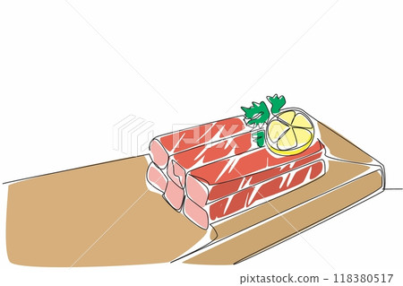 Continuous one line drawing surimi on a square cutting board. There are lemon and celery as garnish. Easy ways to enjoy crab meat. National Crab Meat Day. Single line draw design vector illustration Continuous one line drawing surimi on a square cutting board. There are lemon and celery as garnish. Easy ways to enjoy crab meat. National Crab Meat Day. Single line draw design vector illustration 118380517