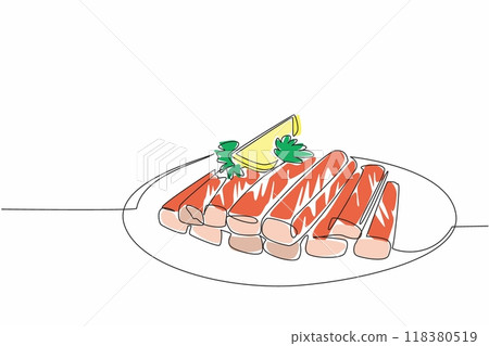 Single one line drawing stack of surimi on a round plate. Serving crab meat dishes easily. Lemon slices add flavor. Delicious. National Crab Meat Day. Continuous line design graphic illustration 118380519