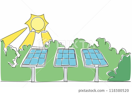 Continuous one line drawing three large solar panels in the city park. Environmentally friendly renewable energy. Eco-friendly. Solar Appreciation Day. Single line draw design vector illustration Continuous one line drawing three large solar panels in the city park. Environmentally friendly renewable energy. Eco-friendly. Solar Appreciation Day. Single line draw design vector illustration 118380520