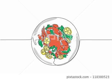Single one line drawing a delicious crab on a round plate. Ready to be served to customers. Fresh lemon to add flavor. Delectation. National Crab Meat Day. Continuous line design graphic illustration 118380523