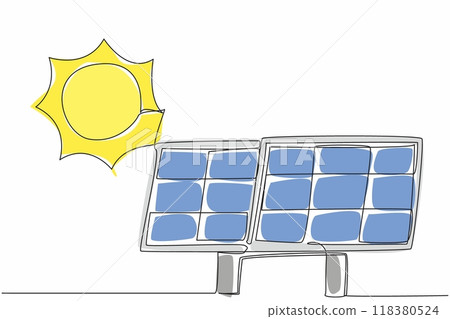 Continuous one line drawing big solar panels and sun. Transferring solar heat energy to solar panels. Alternative electrical energy. Solar Appreciation Day. Single line draw design vector illustration Continuous one line drawing big solar panels and sun. Transferring solar heat energy to solar panels. Alternative electrical energy. Solar Appreciation Day. Single line draw design vector illustration 118380524
