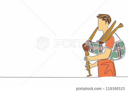 Single continuous line drawing young man playing traditional musical instrument bagpipe. Play it by blowing. Characteristics of Scotland. International Bagpipe Day. One line design vector illustration Single continuous line drawing young man playing traditional musical instrument bagpipe. Play it by blowing. Characteristics of Scotland. International Bagpipe Day. One line design vector illustration 118380525