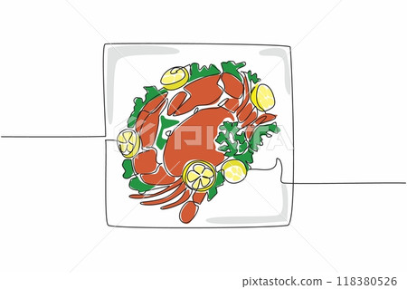 Single continuous line drawing a ready-to-eat crab on a square plate. There are garnishes to beautify the dish. High protein foods. Tasty. National Crab Meat Day. One line design vector illustration 118380526