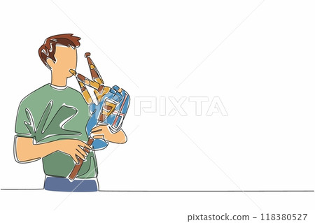 Single one line drawing a young energetic man blowing a bagpipe. Playing his musical instrument skillfully. Music traditional. International Bagpipe Day. Continuous line design graphic illustration Single one line drawing a young energetic man blowing a bagpipe. Playing his musical instrument skillfully. Music traditional. International Bagpipe Day. Continuous line design graphic illustration 118380527