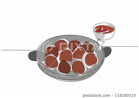 Continuous one line drawing serve the meatballs on a frying pan. Provided with chili sauce as a condiment. Delicious savory snacks. National Meatball Day. Single line draw design vector illustration Continuous one line drawing serve the meatballs on a frying pan. Provided with chili sauce as a condiment. Delicious savory snacks. National Meatball Day. Single line draw design vector illustration 118380528