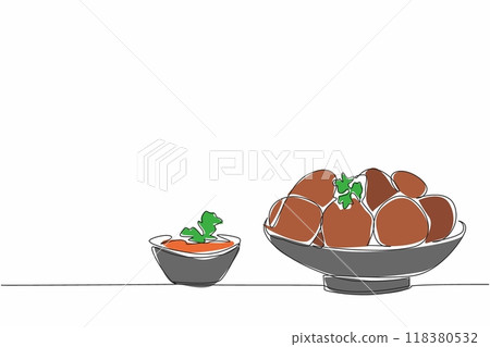Single continuous line drawing serve meatballs plus chopped celery leaves on a small plate. Made from meat. Chicken or beef. Delectation. National Meatball Day. One line design vector illustration 118380532