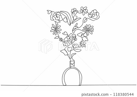 Continuous one line drawing flowers and leaves on top of a perfume bottle. Made from fresh floral aroma. To get natural freshness. National Fragrance Day. Single line draw design vector illustration Continuous one line drawing flowers and leaves on top of a perfume bottle. Made from fresh floral aroma. To get natural freshness. National Fragrance Day. Single line draw design vector illustration 118380544