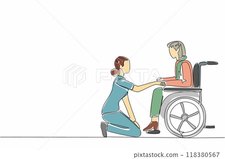 Single one line drawing caregiver kneeling. Make conversation with old grandmother who sitting on wheelchair. Support. Friendly. Caregiver Appreciation Day. Continuous line design graphic illustration Single one line drawing caregiver kneeling. Make conversation with old grandmother who sitting on wheelchair. Support. Friendly. Caregiver Appreciation Day. Continuous line design graphic illustration 118380567