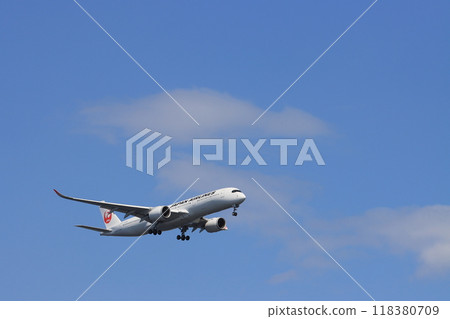 Passenger plane landing at Haneda Airport, airplane landing approach 118380709